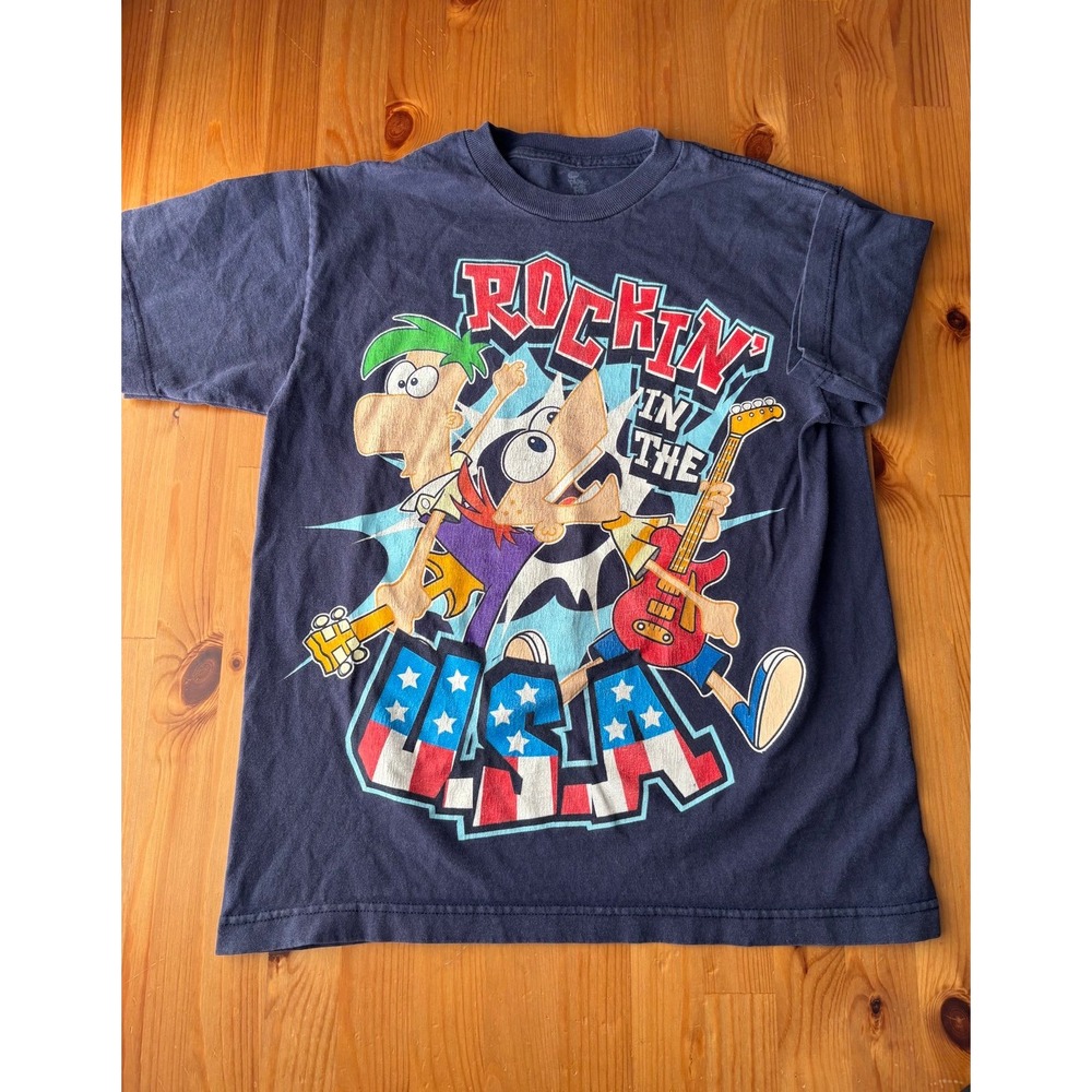 Vintage Disney Phineas And Ferb Rockin In The USA Graphic Tee Size 10/12